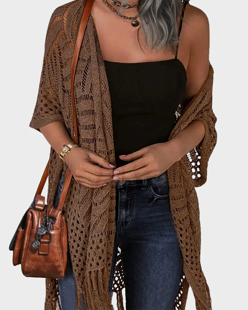 Women's Lightweight Crochet Cardigan Oversized Open Front Tassel Kimono - Image 11