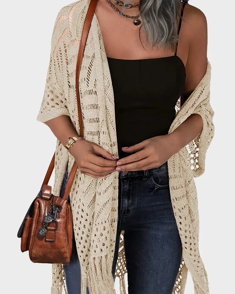 Women's Lightweight Crochet Cardigan Oversized Open Front Tassel Kimono - Image 12