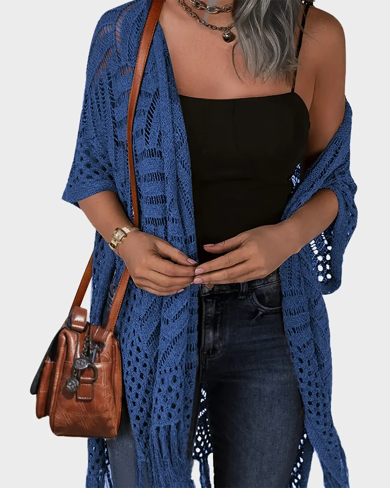 Women's Lightweight Crochet Cardigan Oversized Open Front Tassel Kimono - Image 13
