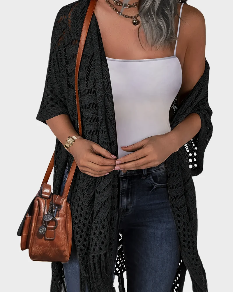 Women's Lightweight Crochet Cardigan Oversized Open Front Tassel Kimono - Image 14