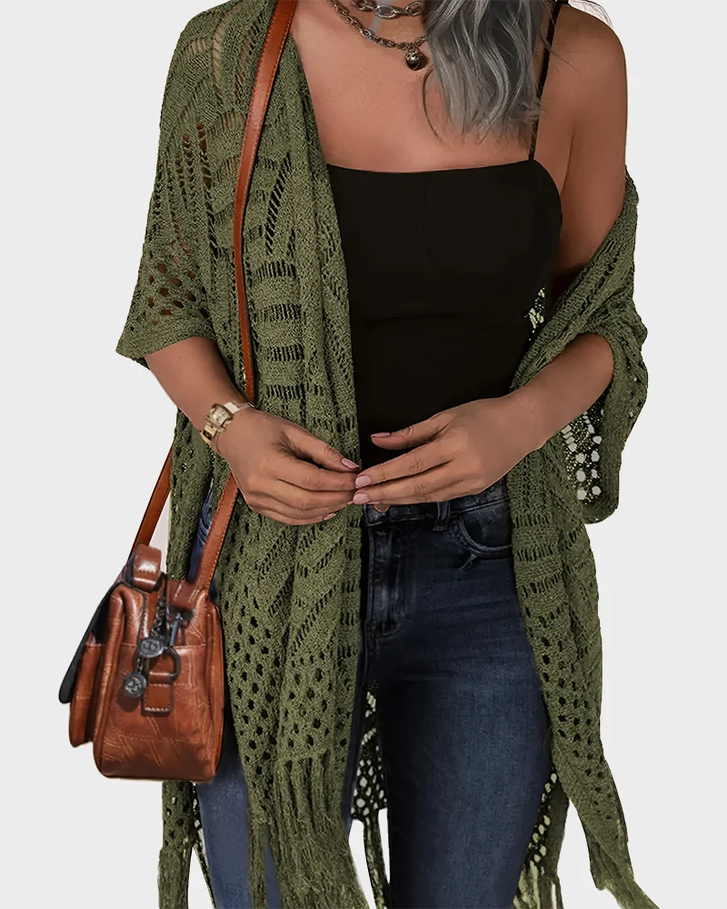 Women's Lightweight Crochet Cardigan Oversized Open Front Tassel Kimono - Image 9
