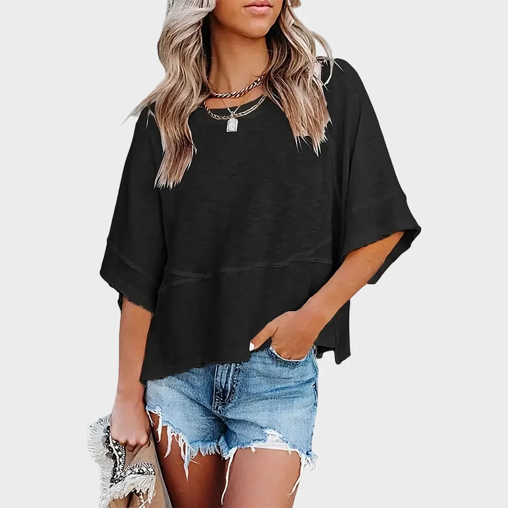 Panel Solid Color Flared Sleeve T-Shirt - Image 4
