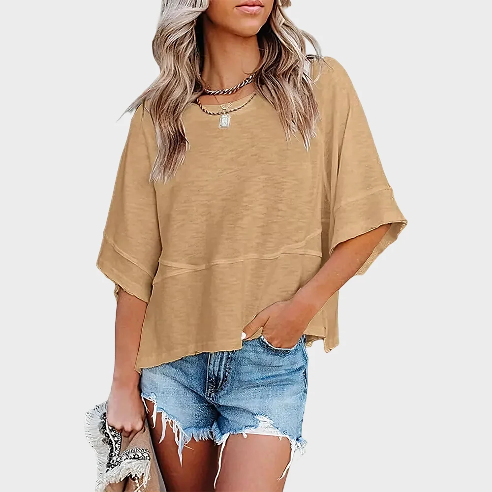 Panel Solid Color Flared Sleeve T-Shirt - Image 6
