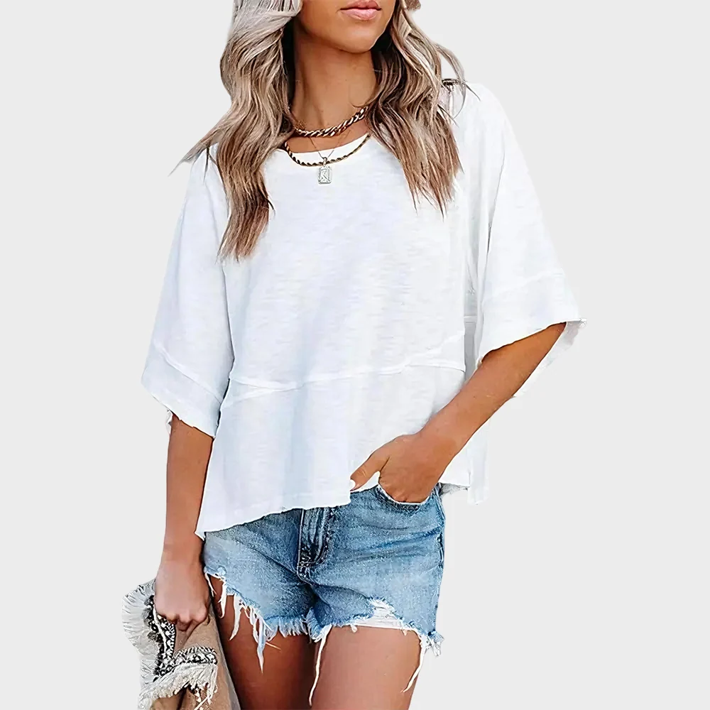 Panel Solid Color Flared Sleeve T-Shirt - Image 7