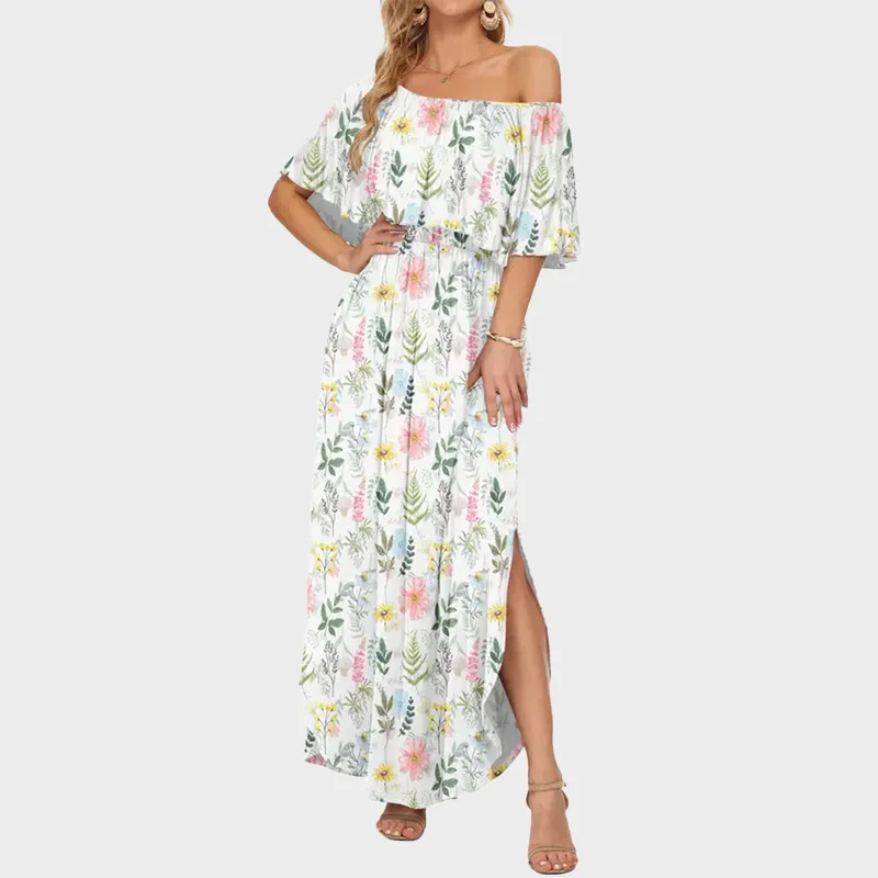 Plus Size Off Shoulder Split Maxi Dress with Ruffle and Pockets - Image 11