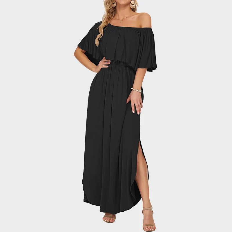 Plus Size Off Shoulder Split Maxi Dress with Ruffle and Pockets - Image 12