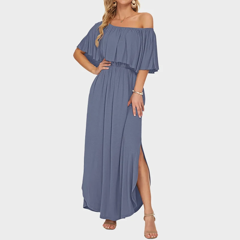Plus Size Off Shoulder Split Maxi Dress with Ruffle and Pockets - Image 14