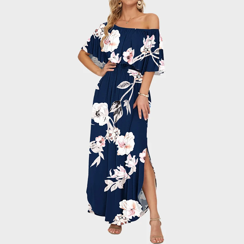 Plus Size Off Shoulder Split Maxi Dress with Ruffle and Pockets - Image 16