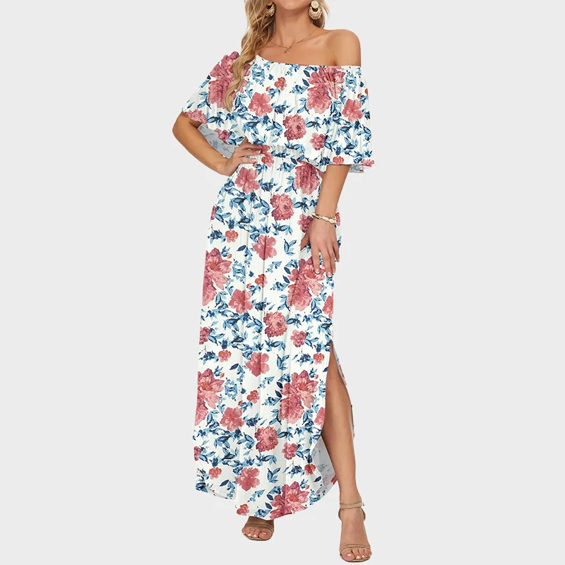 Plus Size Off Shoulder Split Maxi Dress with Ruffle and Pockets - Image 17