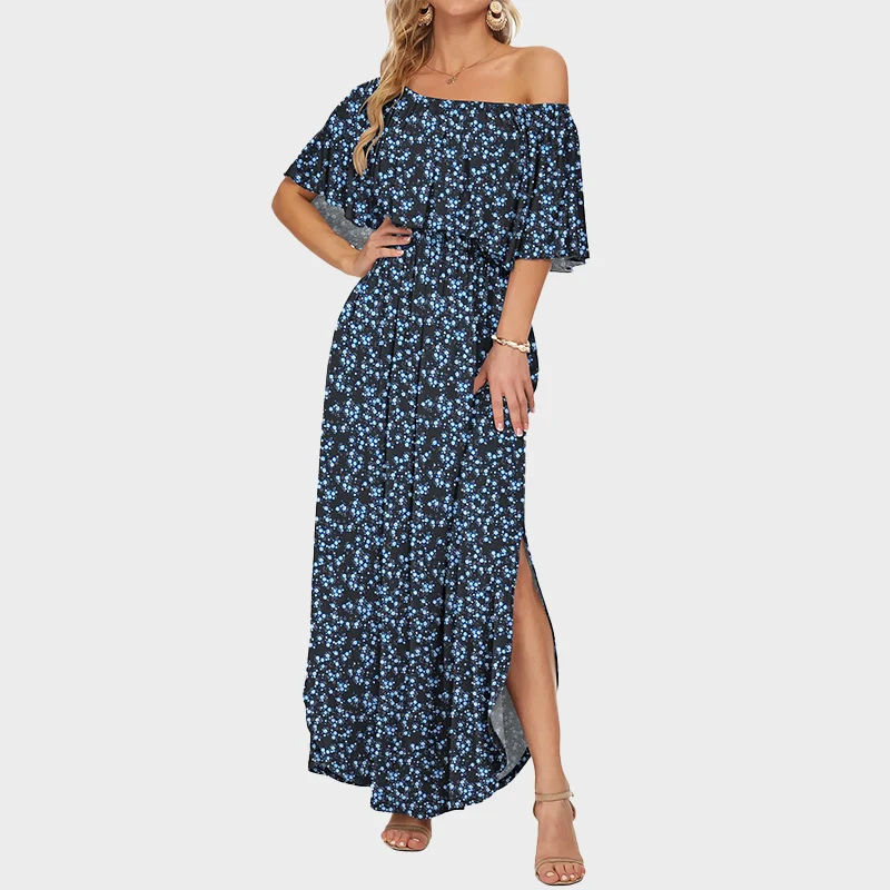 Plus Size Off Shoulder Split Maxi Dress with Ruffle and Pockets - Image 18