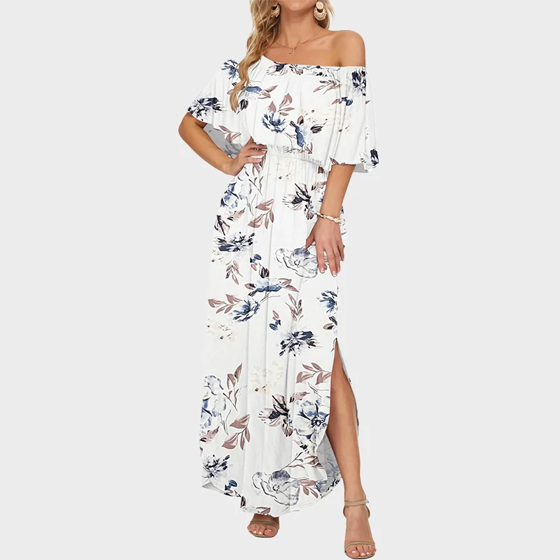 Plus Size Off Shoulder Split Maxi Dress with Ruffle and Pockets - Image 19