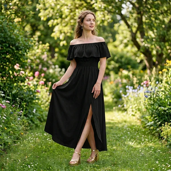 Plus Size Off Shoulder Split Maxi Dress with Ruffle and Pockets - Image 2