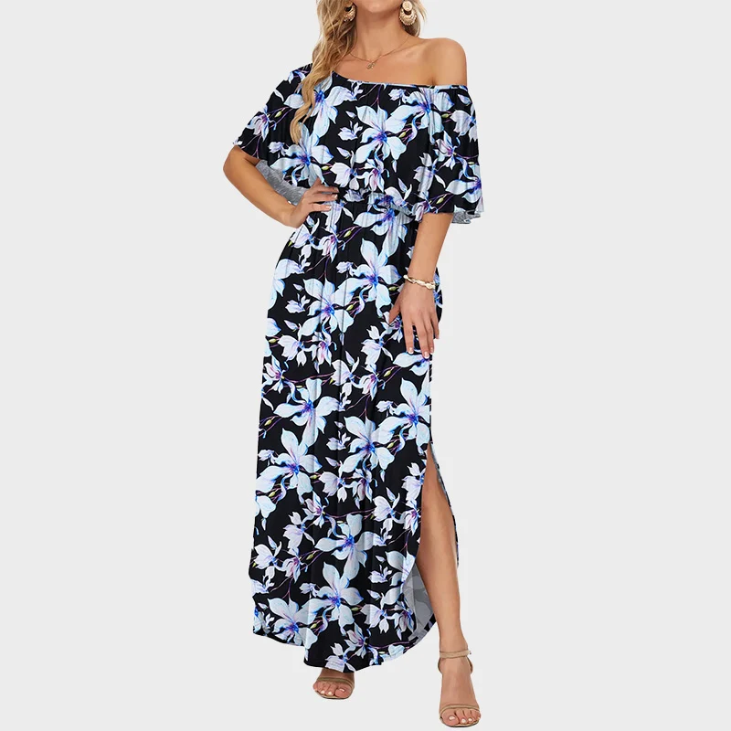 Plus Size Off Shoulder Split Maxi Dress with Ruffle and Pockets - Image 20