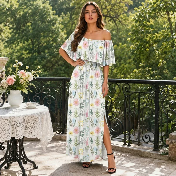 Plus Size Off Shoulder Split Maxi Dress with Ruffle and Pockets - Image 6