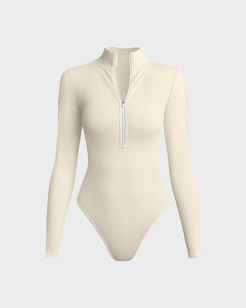 Ribbed Long Sleeve Half-Zip Shaping Bodysuit - Image 19
