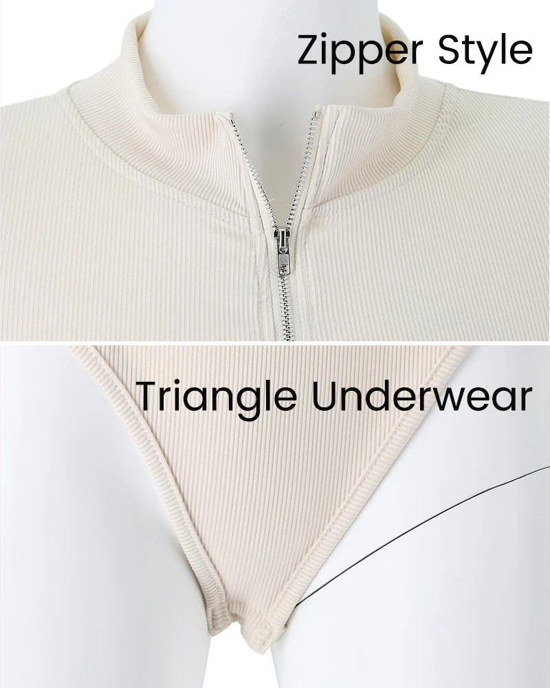 Ribbed Long Sleeve Half-Zip Shaping Bodysuit - Image 7