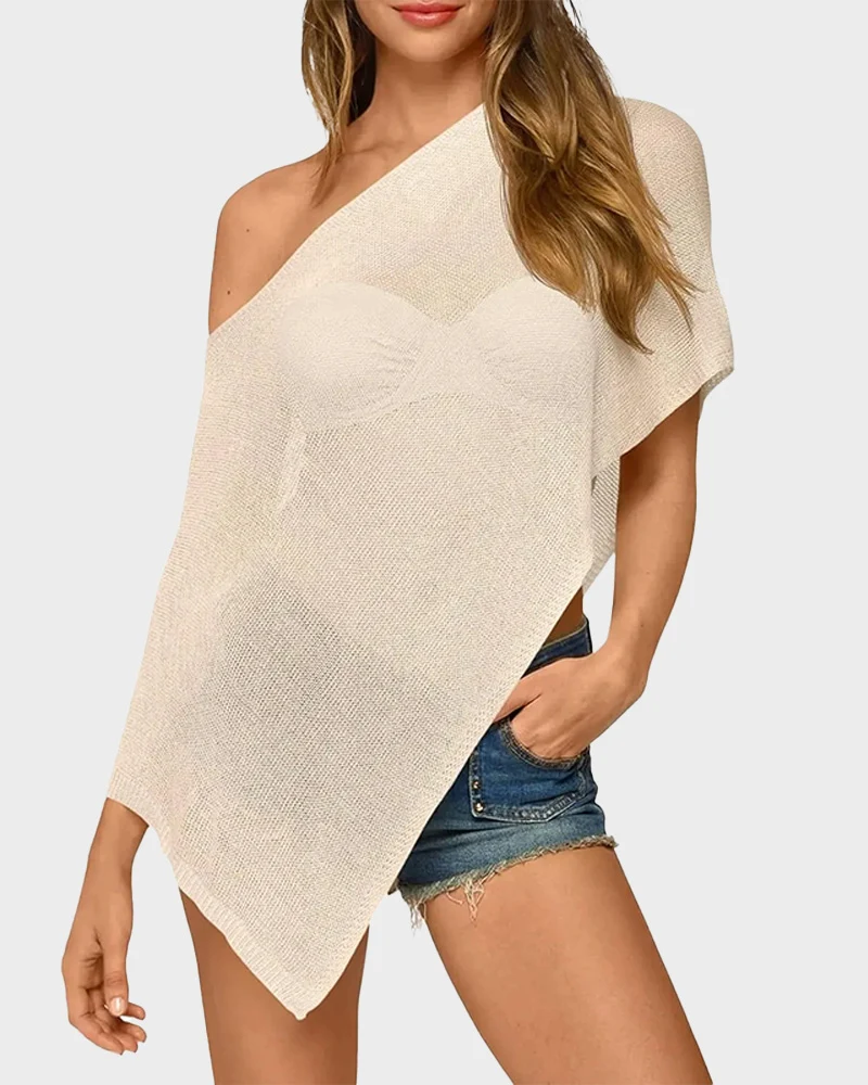 Sheer Off Shoulder Poncho Coverup Mesh Knit Bolero Shrug Beach Top - Image 8