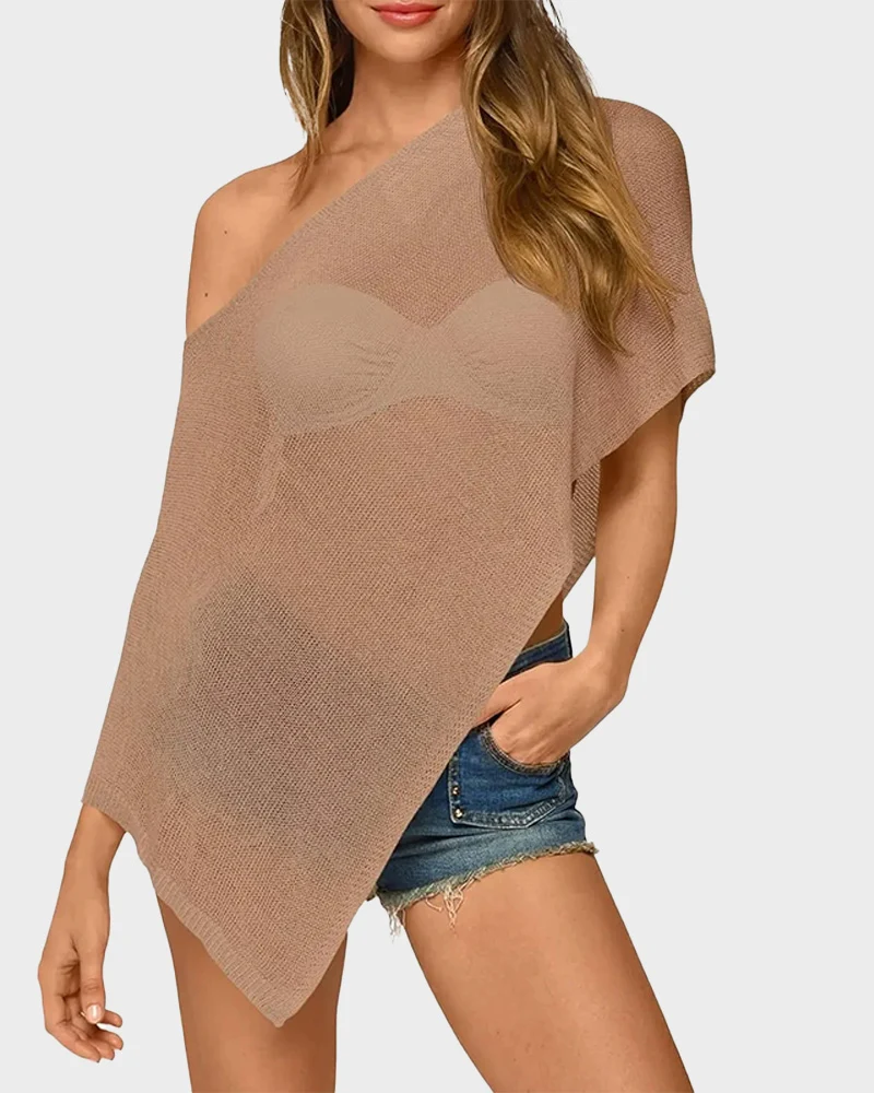 Sheer Off Shoulder Poncho Coverup Mesh Knit Bolero Shrug Beach Top - Image 9