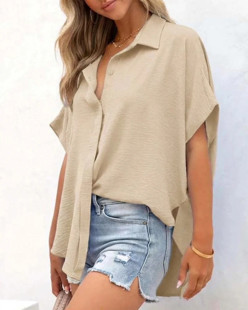 Short Sleeve Solid Color Casual Loose Fit Shirt - Image 10