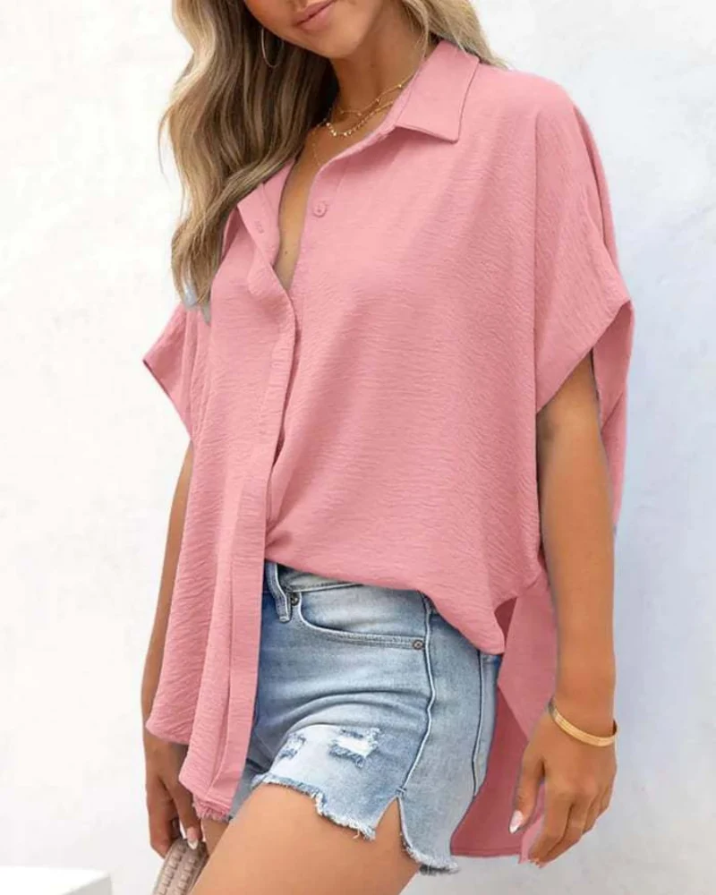 Short Sleeve Solid Color Casual Loose Fit Shirt - Image 11