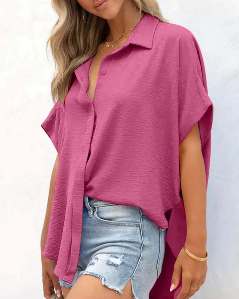Short Sleeve Solid Color Casual Loose Fit Shirt - Image 13