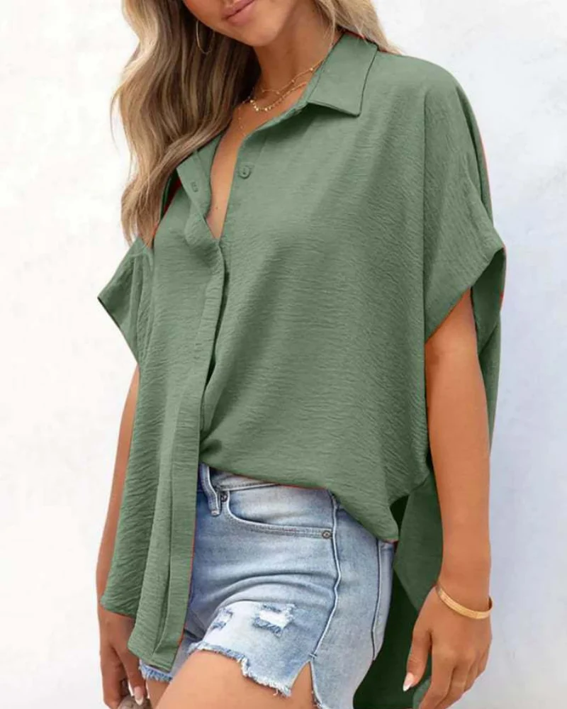 Short Sleeve Solid Color Casual Loose Fit Shirt - Image 14
