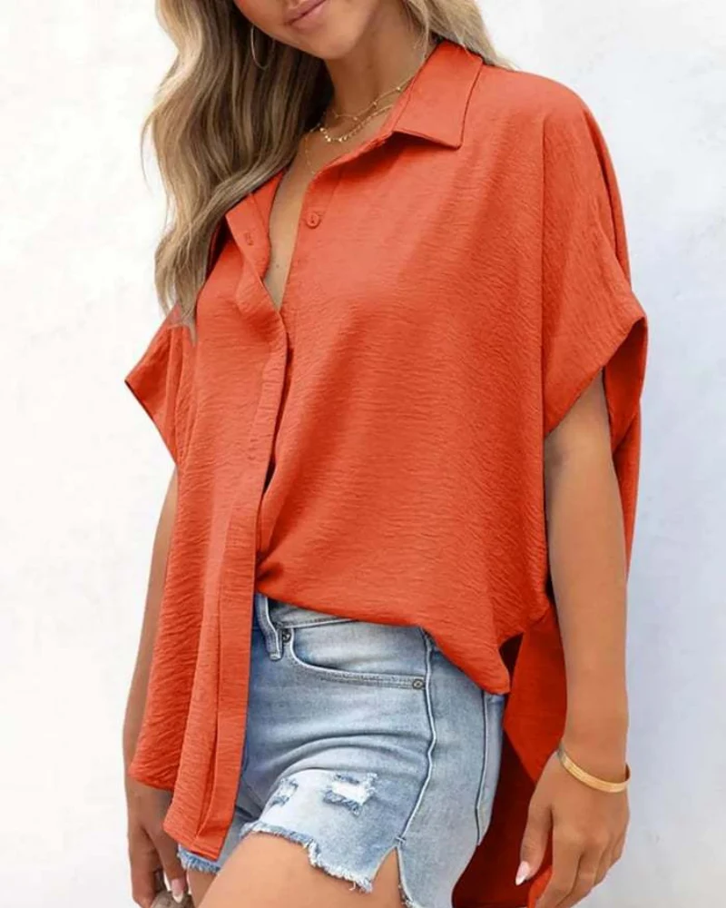Short Sleeve Solid Color Casual Loose Fit Shirt - Image 16