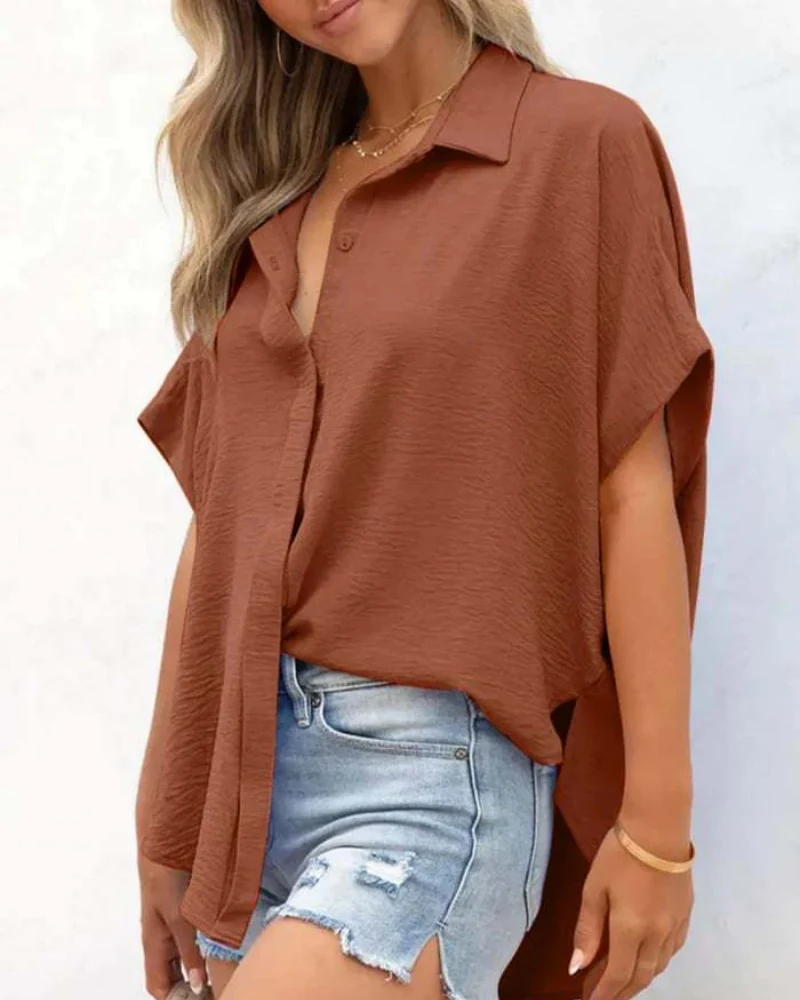 Short Sleeve Solid Color Casual Loose Fit Shirt - Image 17