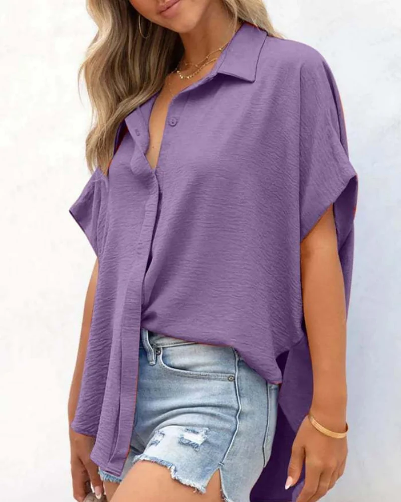 Short Sleeve Solid Color Casual Loose Fit Shirt - Image 18