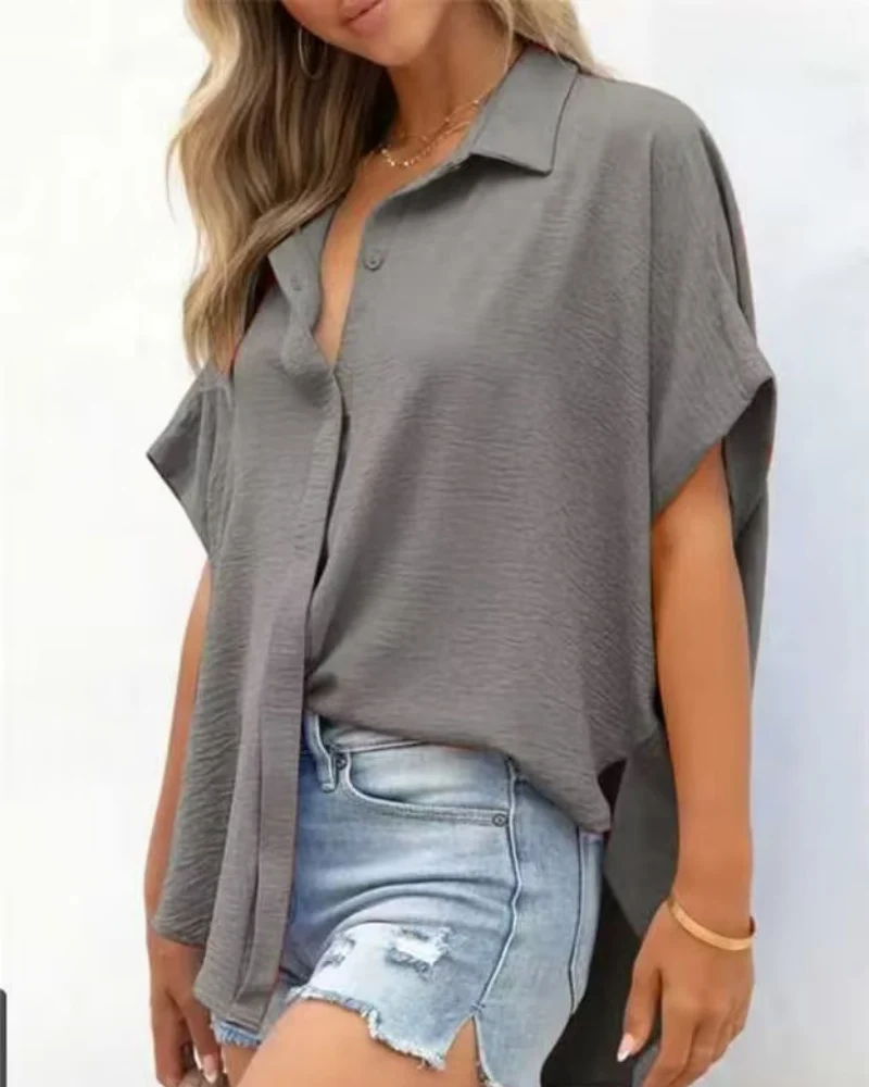 Short Sleeve Solid Color Casual Loose Fit Shirt - Image 19