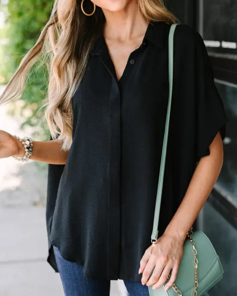 Short Sleeve Solid Color Casual Loose Fit Shirt - Image 2