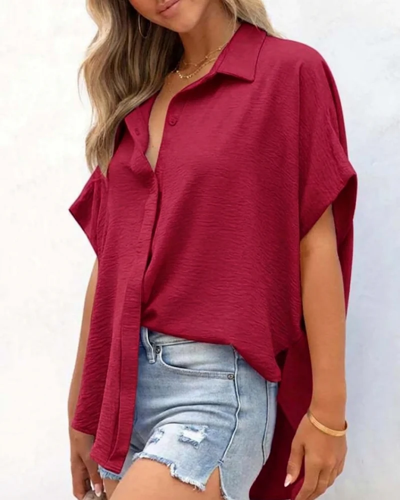 Short Sleeve Solid Color Casual Loose Fit Shirt - Image 20