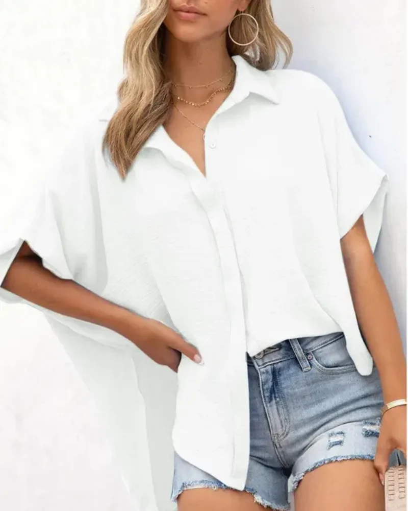 Short Sleeve Solid Color Casual Loose Fit Shirt - Image 6