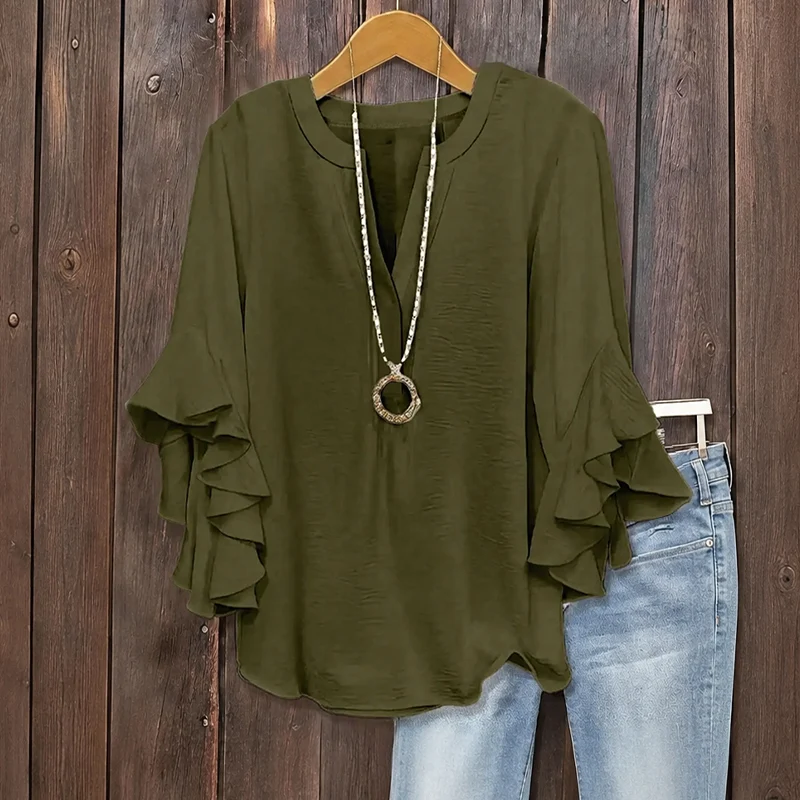 Plus Size Women's Ruffle Sleeve V-Neck Shirt - Image 11