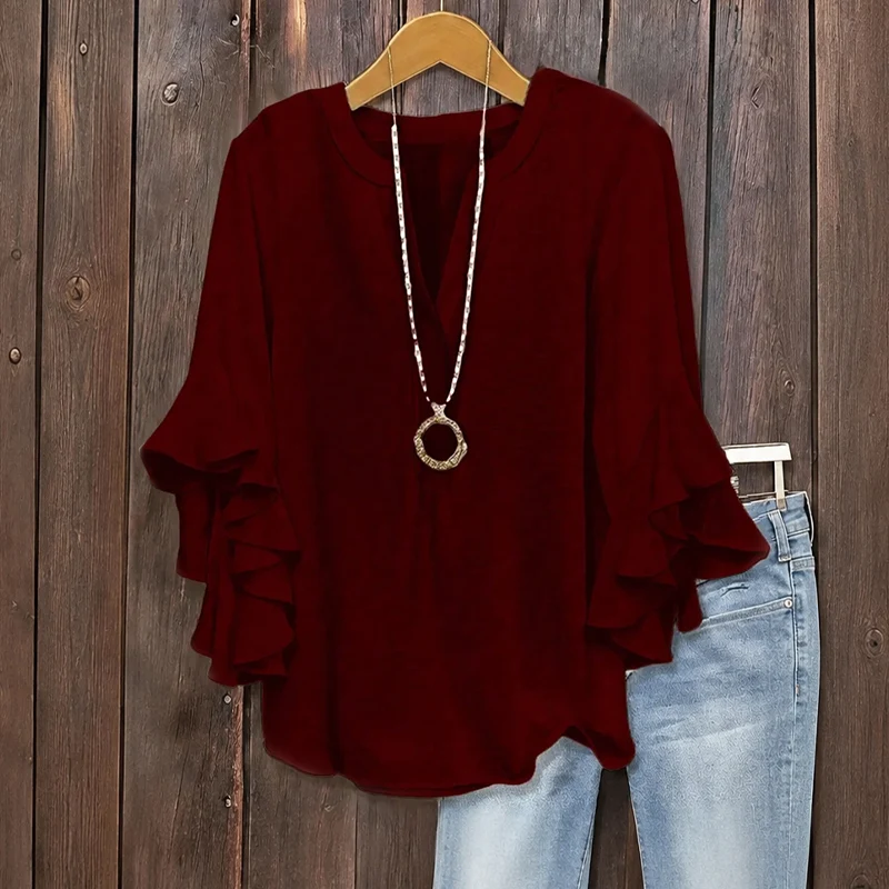 Plus Size Women's Ruffle Sleeve V-Neck Shirt - Image 12