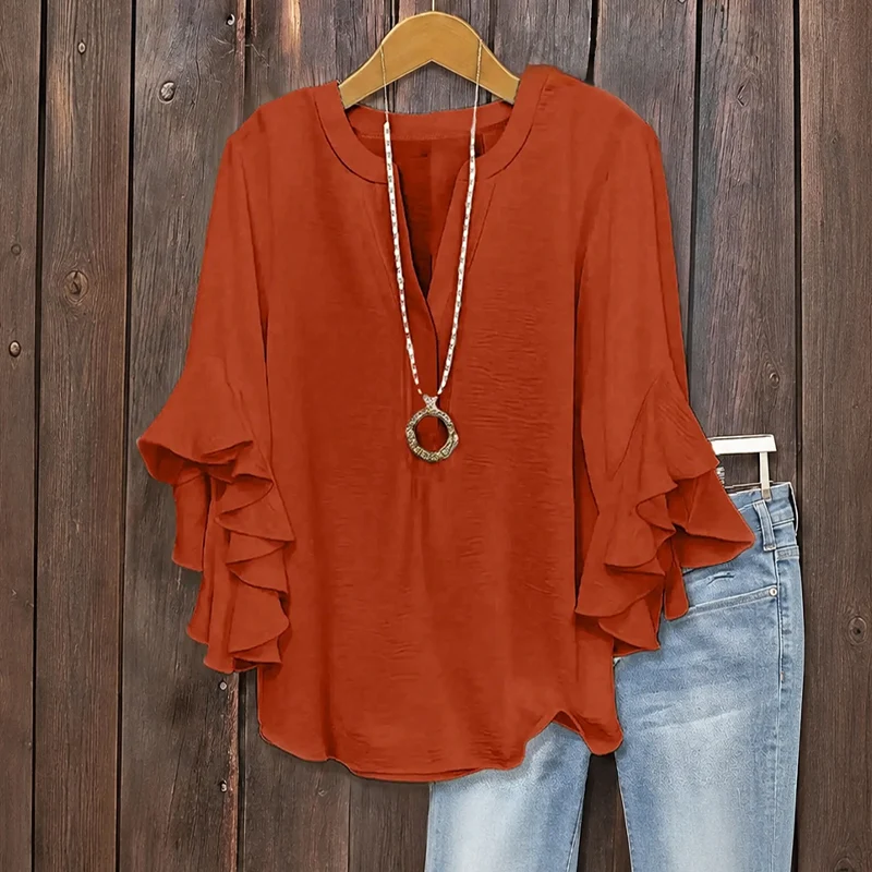 Plus Size Women's Ruffle Sleeve V-Neck Shirt - Image 13