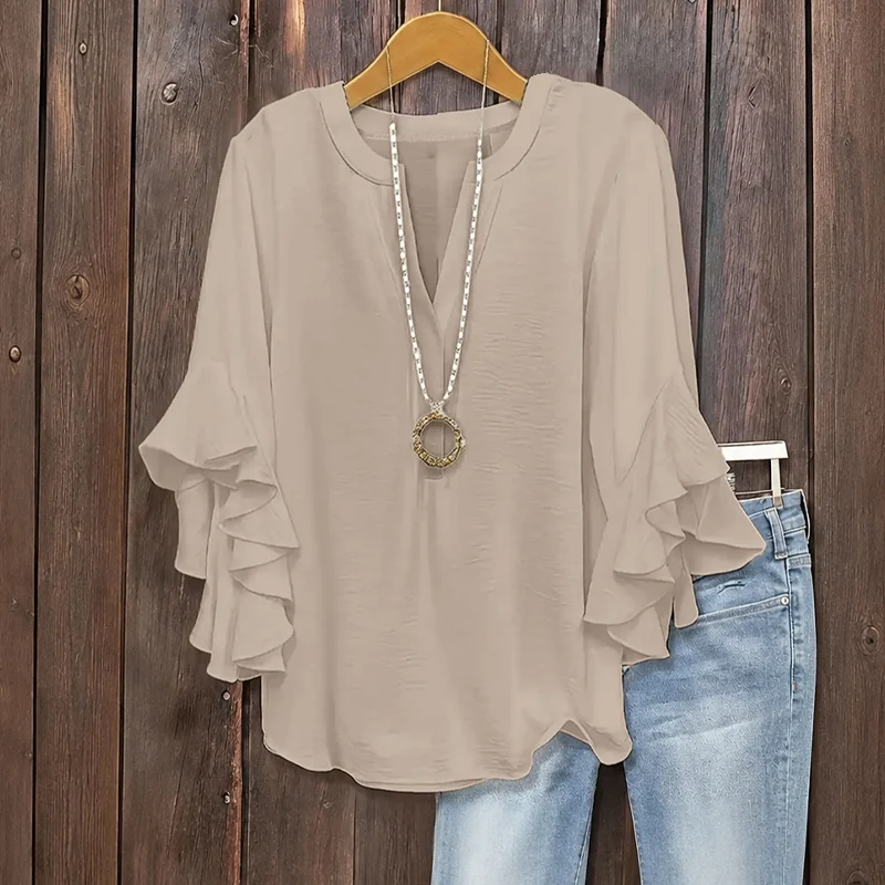 Plus Size Women's Ruffle Sleeve V-Neck Shirt - Image 4