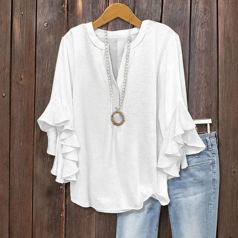 Plus Size Women's Ruffle Sleeve V-Neck Shirt - Image 5
