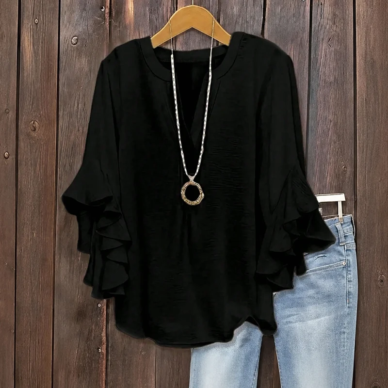 Plus Size Women's Ruffle Sleeve V-Neck Shirt - Image 6