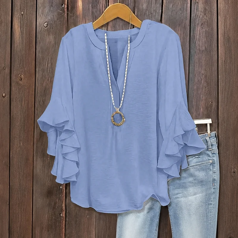 Plus Size Women's Ruffle Sleeve V-Neck Shirt - Image 7