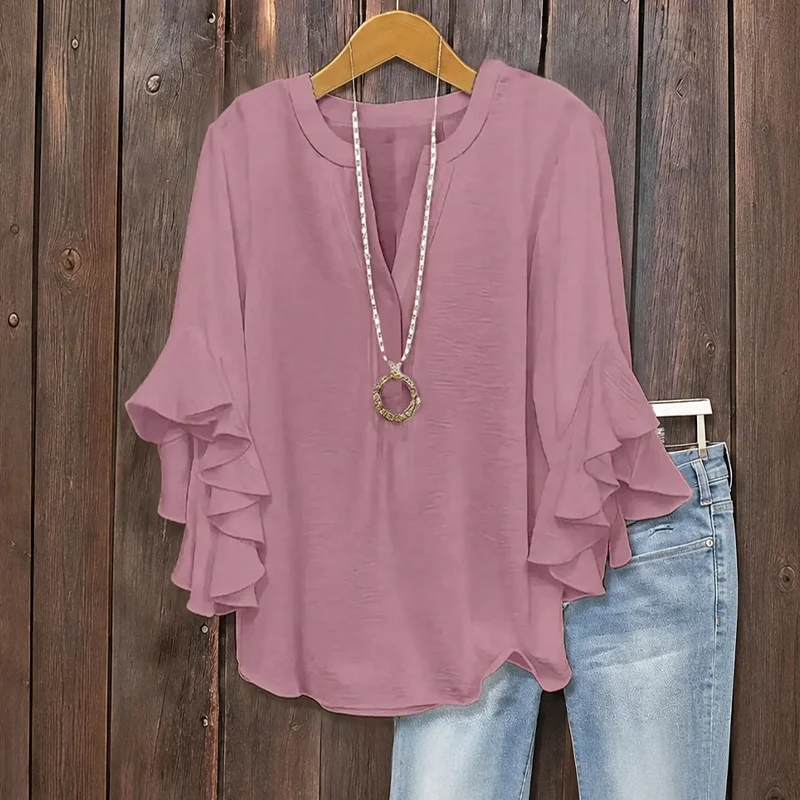 Plus Size Women's Ruffle Sleeve V-Neck Shirt - Image 8