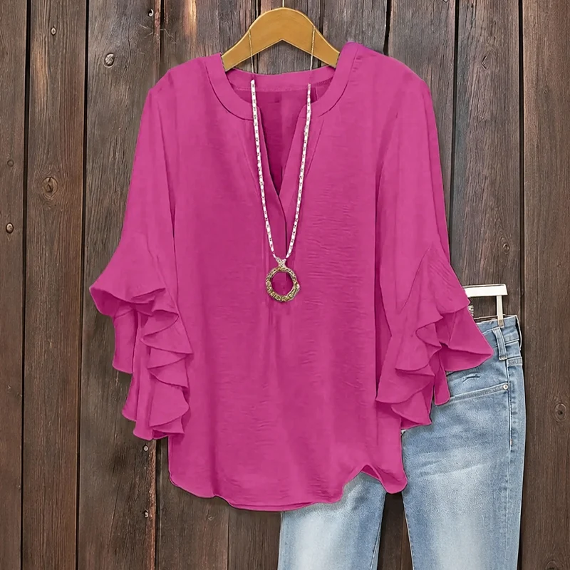 Plus Size Women's Ruffle Sleeve V-Neck Shirt - Image 9