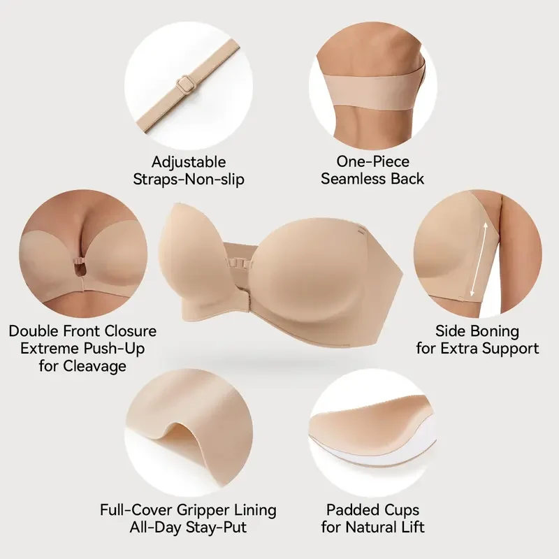 Strapless Front Closure Bra Wireless Push Up Padded Non Slip Tube Jelly Bra - Image 3