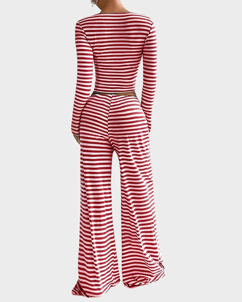 Stripe Crop Top & Wide Leg Two-Piece Lounge Set - Image 10
