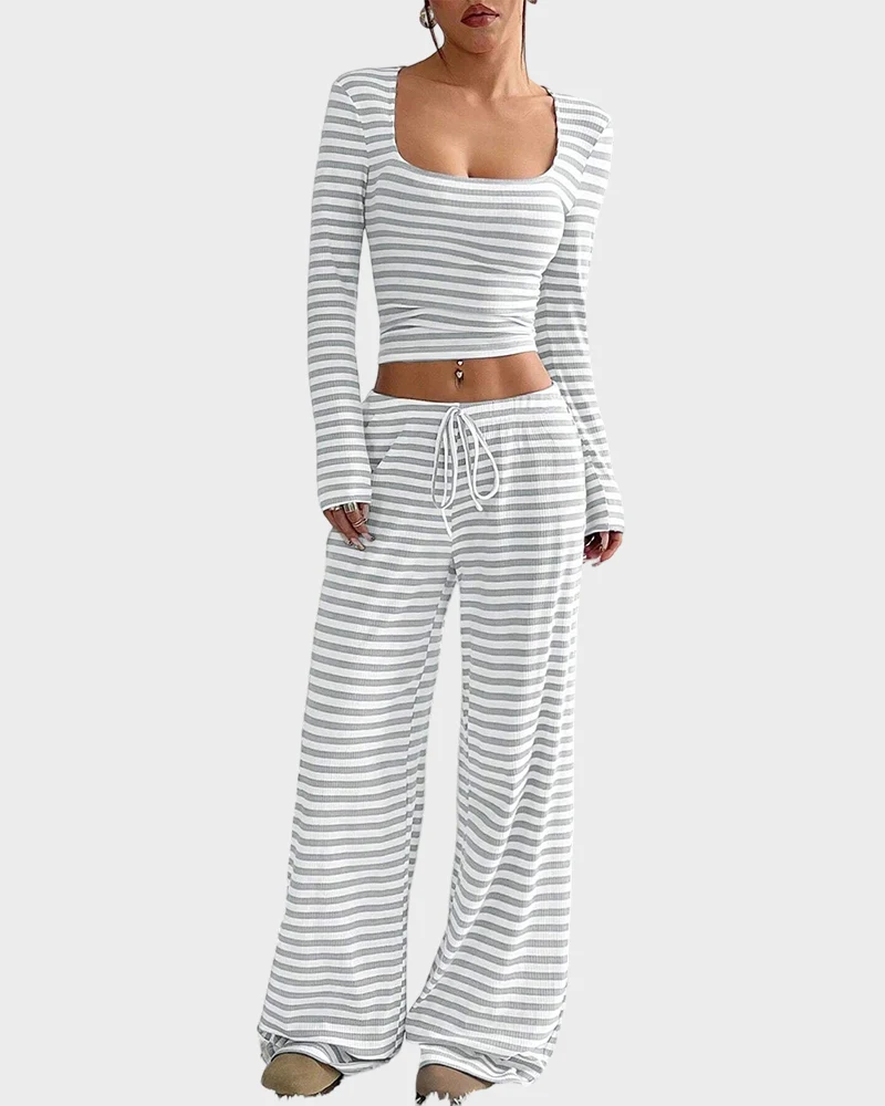 Stripe Crop Top & Wide Leg Two-Piece Lounge Set - Image 11