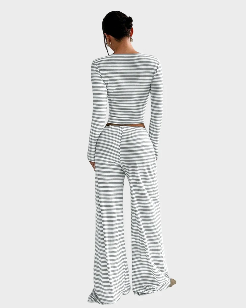 Stripe Crop Top & Wide Leg Two-Piece Lounge Set - Image 12
