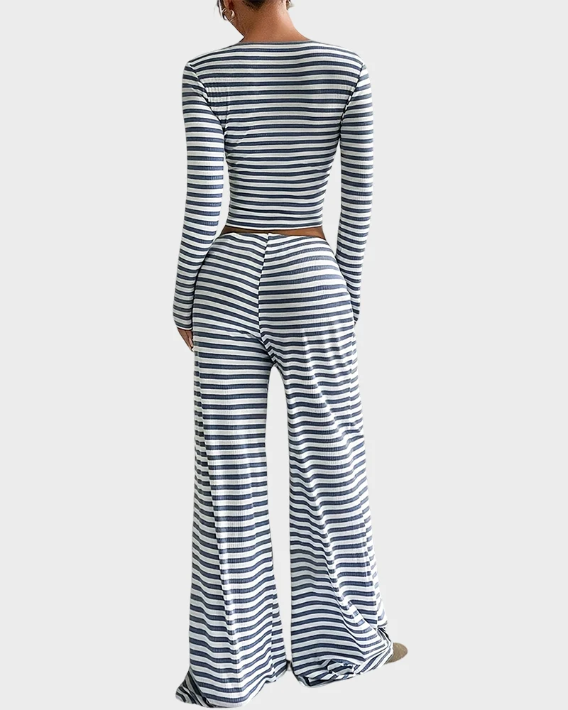 Stripe Crop Top & Wide Leg Two-Piece Lounge Set - Image 14