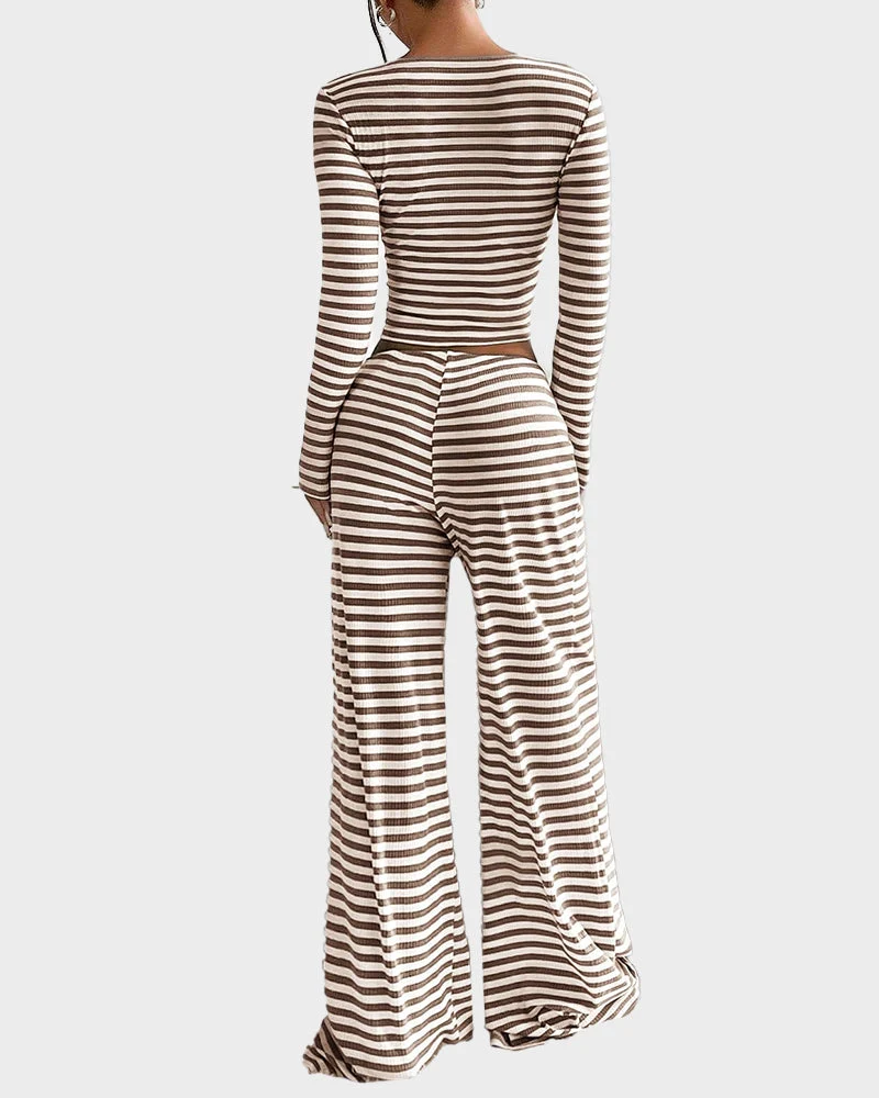 Stripe Crop Top & Wide Leg Two-Piece Lounge Set - Image 4
