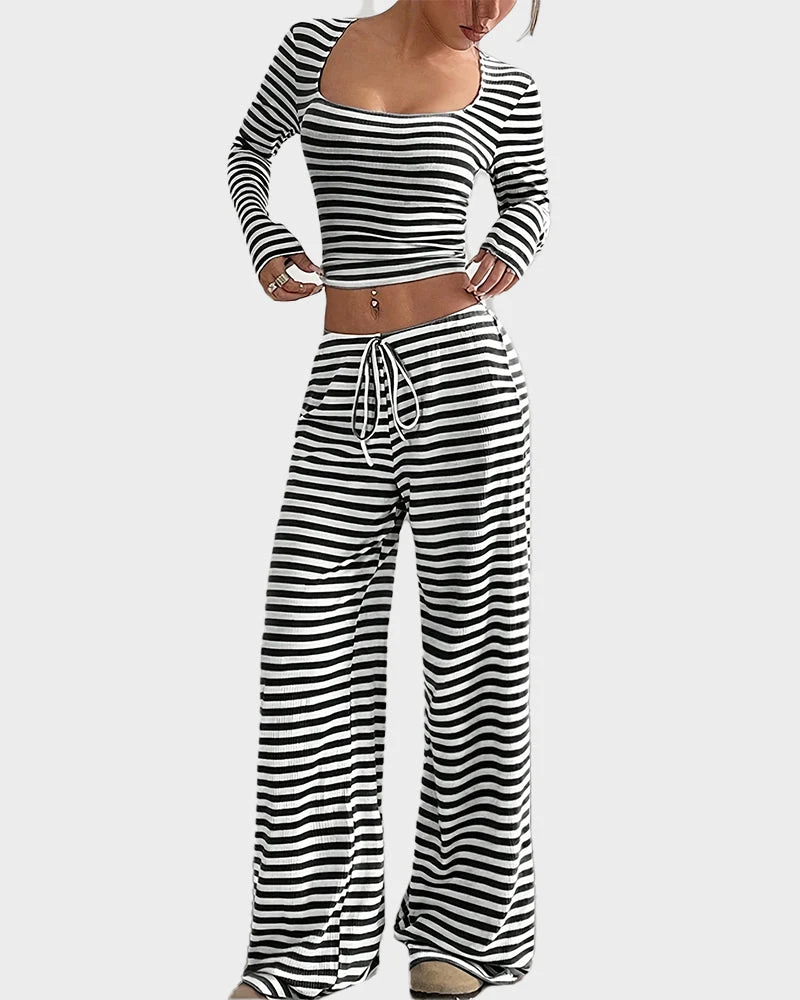 Stripe Crop Top & Wide Leg Two-Piece Lounge Set - Image 6