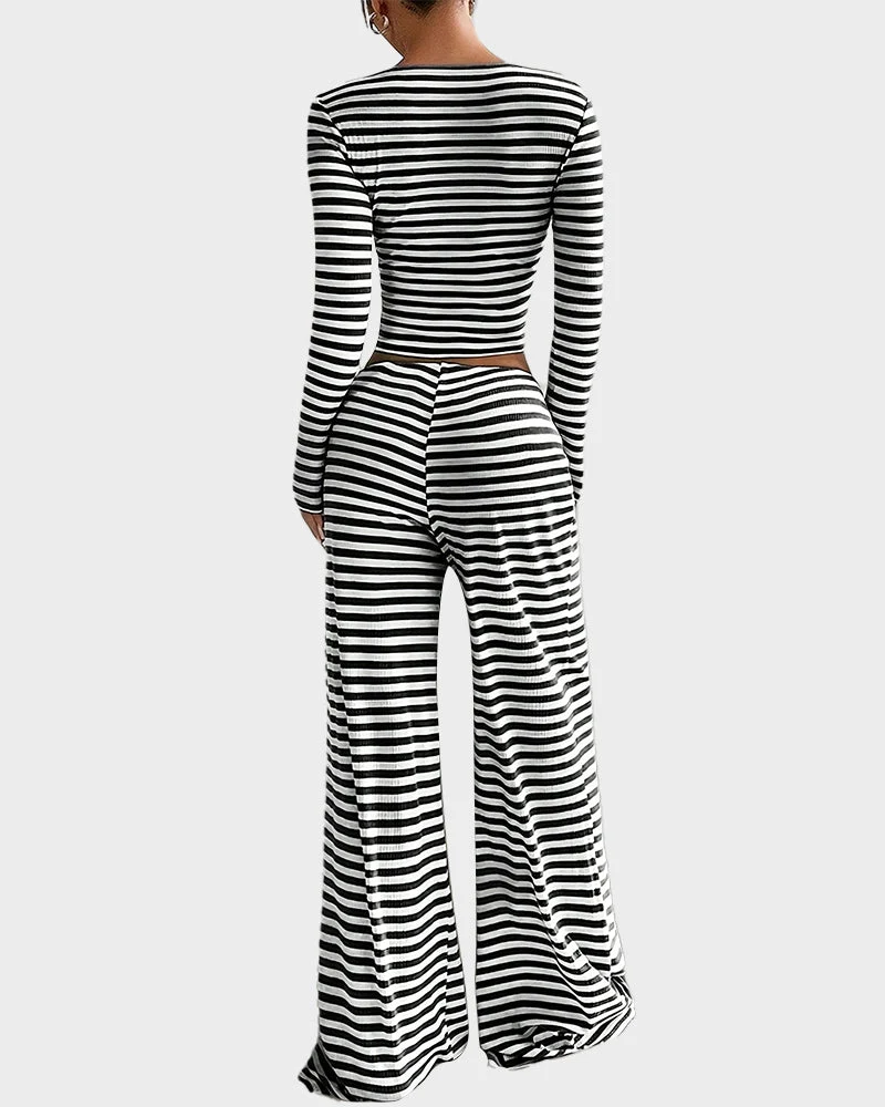 Stripe Crop Top & Wide Leg Two-Piece Lounge Set - Image 8